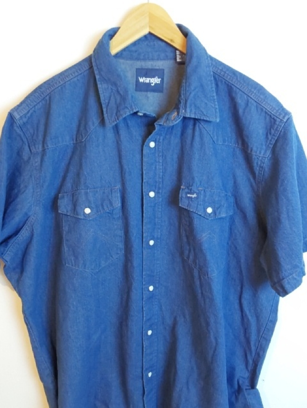 Wrangler Denim Blue Short Sleeve Pearl Snap Button Down Western Dress Shirt 2X